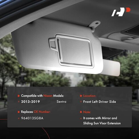 واقي الشمس من الجانب الأيسر للسائق A-Premium متوافق مع Nissan Sentra 2013 2014 2015 2016 2017 2018 2019 - بدون ضوء فانيتي، مع مرآة فانيتي، مع امتداد واقي الشمس المنزلق، رمادي in Saudi Arabia