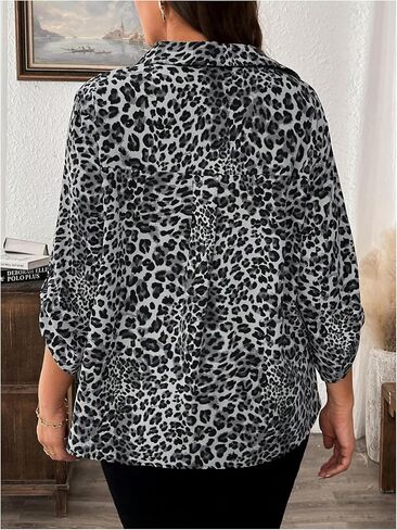 بلوزات نسائية ذات مقاس كبير من Verdusa بتصميم الفهد 3/4 كم بياقة، بلوزات علوية كاجوال أنيقة in Saudi Arabia