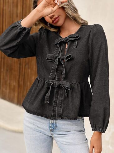 Tankaneo إمرأة الدينيم التعادل الجبهة قمم بيبي دول Peplum لطيف بلوزة نفخة كم طويل الخروج جان القمصان in Saudi Arabia
