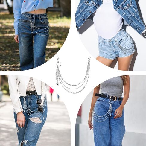 Star Pants Chain Punk Layered Jean Chain Silver Star Goth Chains for Pants Wallet Pocket with Clasp Adjustable Punk Versatile Trousers Chains Accessories for Women Men in Saudi Arabia