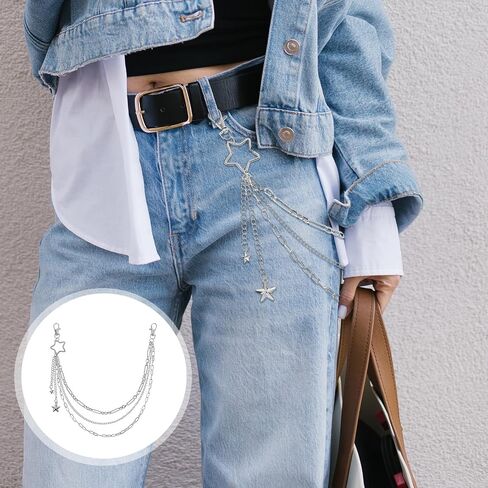 Star Pants Chain Punk Layered Jean Chain Silver Star Goth Chains for Pants Wallet Pocket with Clasp Adjustable Punk Versatile Trousers Chains Accessories for Women Men in Saudi Arabia