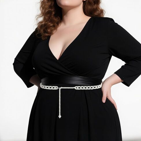 Plus Size Chain Belt for Women, White Pearl Fashion Belly Waist Chains, Stretchable Extra Long Body Chain in Saudi Arabia