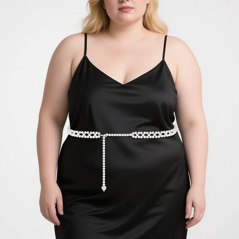 Plus Size Chain Belt for Women, White Pearl Fashion Belly Waist Chains, Stretchable Extra Long Body Chain in Saudi Arabia