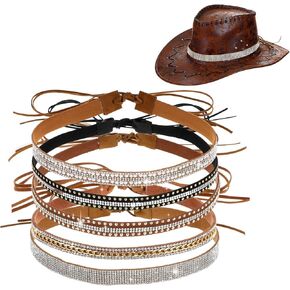 Grevosea 5 PCS Cowboy Hat Bands for Women, Rhinestone Hat Bands Adjustable Western Style Leather Hats Belts for Cowboy Western Fedora Cowgirl Fedora Panama Hats Black Brown in Kuwait