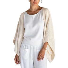 Women Linen Lightweight Cardigan Open Front 3/4 Sleeve Shawls Wraps Shrug Jackets Kimono Poncho Loose Cover Ups in Saudi Arabia