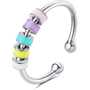 خواتم القلق للنساء، S925 الفضة الاسترليني حلقات الدوار الإجهاد قابل للتعديل مع الخرز حلقات تململ للنساء القلق، حلقة تململ الدوار المينا، هدايا المرأة in Kuwait