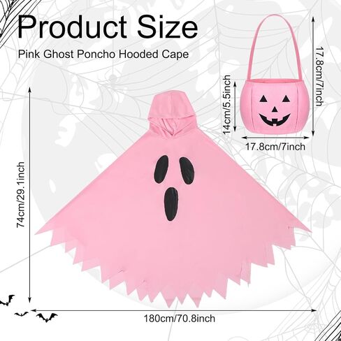 2 Pcs Halloween Pink Ghost Costume for Adults with Pumpkin Candy Bag Spooky Poncho Hooded Cape for Women Cosplay in Saudi Arabia