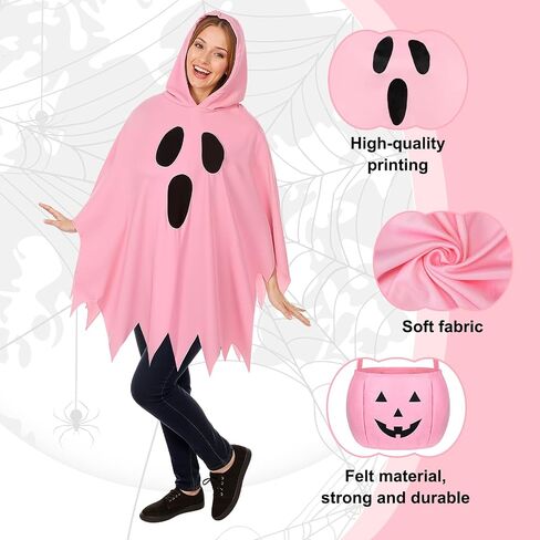 2 Pcs Halloween Pink Ghost Costume for Adults with Pumpkin Candy Bag Spooky Poncho Hooded Cape for Women Cosplay in Saudi Arabia