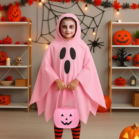 2 Pcs Halloween Pink Ghost Costume for Adults with Pumpkin Candy Bag Spooky Poncho Hooded Cape for Women Cosplay in Saudi Arabia