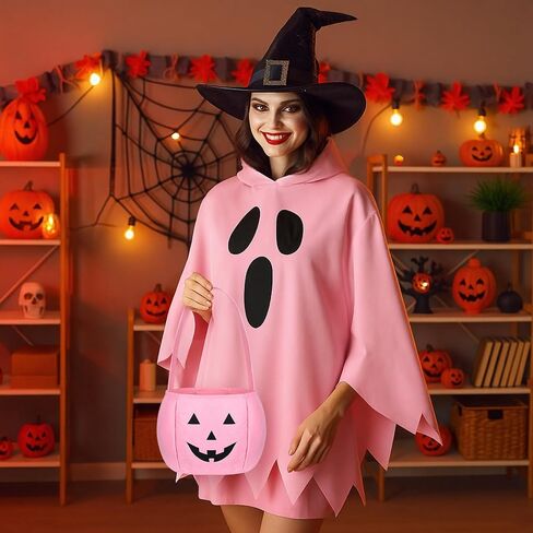 2 Pcs Halloween Pink Ghost Costume for Adults with Pumpkin Candy Bag Spooky Poncho Hooded Cape for Women Cosplay in Saudi Arabia