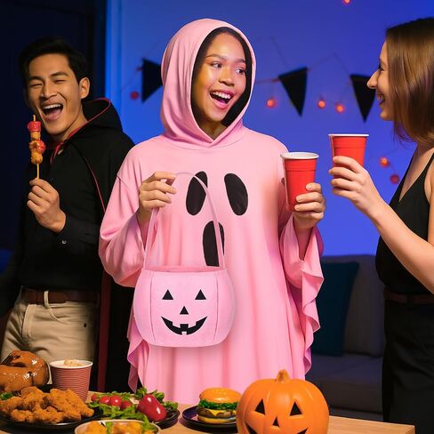 2 Pcs Halloween Pink Ghost Costume for Adults with Pumpkin Candy Bag Spooky Poncho Hooded Cape for Women Cosplay in Saudi Arabia
