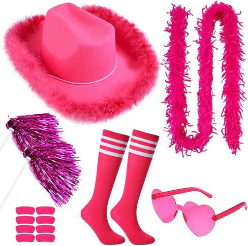 8 Pcs Pink out Football Game Outfit Accessories Cowboy Hat Sunglasses Feather Boas Eye Strips Pom Poms Sock for Women in Saudi Arabia