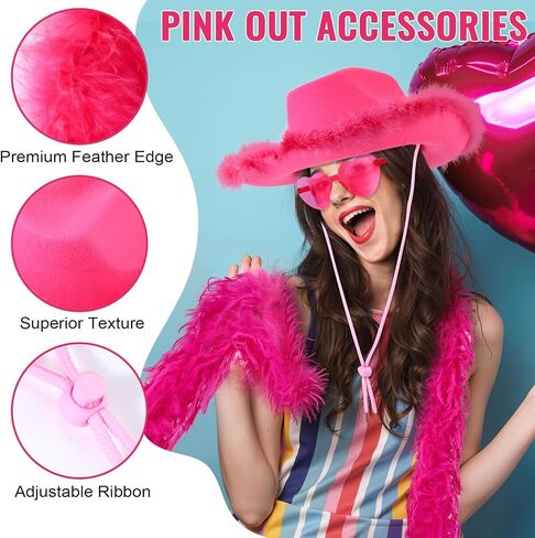 8 Pcs Pink out Football Game Outfit Accessories Cowboy Hat Sunglasses Feather Boas Eye Strips Pom Poms Sock for Women in Saudi Arabia