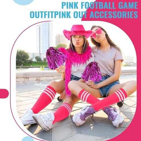 8 Pcs Pink out Football Game Outfit Accessories Cowboy Hat Sunglasses Feather Boas Eye Strips Pom Poms Sock for Women in Saudi Arabia