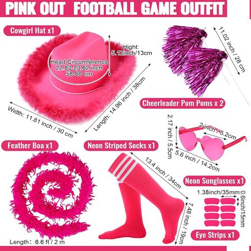 8 Pcs Pink out Football Game Outfit Accessories Cowboy Hat Sunglasses Feather Boas Eye Strips Pom Poms Sock for Women in Saudi Arabia