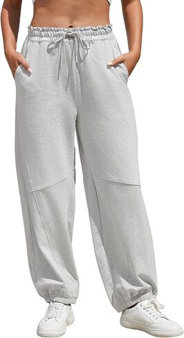 Bsubseach Womens High Waist Barrel Sweatpants Casual Wide Leg Pants Ruffle Elastic Waist Drawstring Athletic Joggers in Saudi Arabia