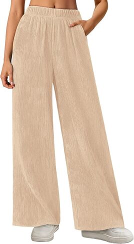 MEROKEETY Women's Wide Leg Palazzo Pants Flowy Pleated Elastic High Waisted Casual Trousers with Pockets in Saudi Arabia