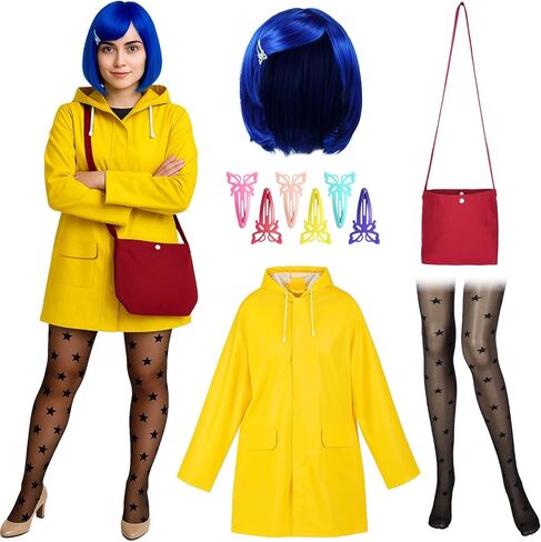 Mepase 5 Pcs Halloween Women's Raincoat Costume Set Including Yellow Waterproof Rain Jacket Outfit Blue Hair Wig Black Stockings Dragonfly Hair Clip Red Crossbody Bag for Women Cosplay in Saudi Arabia