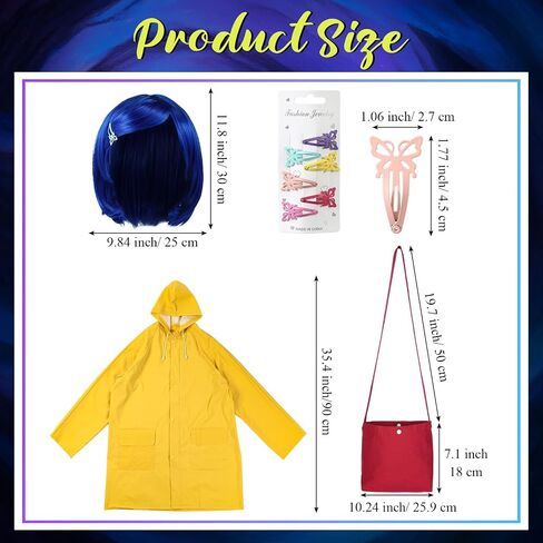 Mepase 5 Pcs Halloween Women's Raincoat Costume Set Including Yellow Waterproof Rain Jacket Outfit Blue Hair Wig Black Stockings Dragonfly Hair Clip Red Crossbody Bag for Women Cosplay in Saudi Arabia
