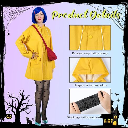 Mepase 5 Pcs Halloween Women's Raincoat Costume Set Including Yellow Waterproof Rain Jacket Outfit Blue Hair Wig Black Stockings Dragonfly Hair Clip Red Crossbody Bag for Women Cosplay in Saudi Arabia