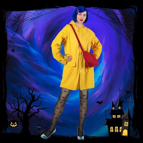 Mepase 5 Pcs Halloween Women's Raincoat Costume Set Including Yellow Waterproof Rain Jacket Outfit Blue Hair Wig Black Stockings Dragonfly Hair Clip Red Crossbody Bag for Women Cosplay in Saudi Arabia