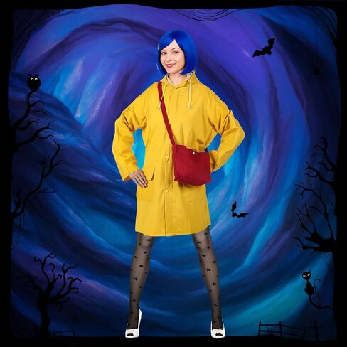 Mepase 5 Pcs Halloween Women's Raincoat Costume Set Including Yellow Waterproof Rain Jacket Outfit Blue Hair Wig Black Stockings Dragonfly Hair Clip Red Crossbody Bag for Women Cosplay in Saudi Arabia