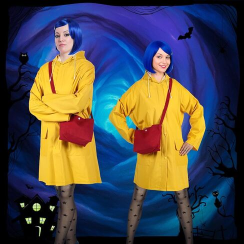 Mepase 5 Pcs Halloween Women's Raincoat Costume Set Including Yellow Waterproof Rain Jacket Outfit Blue Hair Wig Black Stockings Dragonfly Hair Clip Red Crossbody Bag for Women Cosplay in Saudi Arabia