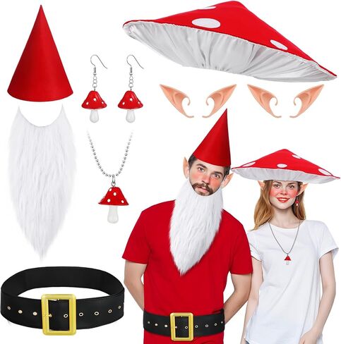 Mepase 7 Pcs Halloween Funny Gnome and Mushroom Costumes, Couple Costumes for Adult Mushroom Hat Renaissance Accessories Set Forest Dwarf Cosplay Halloween Medieval Fantasy Fairy Elf Accessories in Saudi Arabia