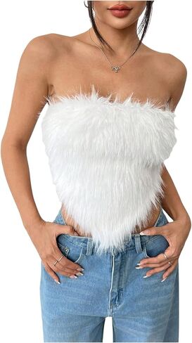 MakeMeChic Women's Fur Tops Concert Fuzzy Crop White Tube Tops Y2K Bandeau Snooki Outfit in Saudi Arabia