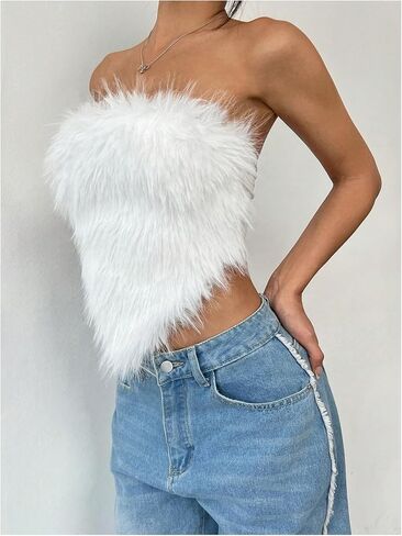 MakeMeChic Women's Fur Tops Concert Fuzzy Crop White Tube Tops Y2K Bandeau Snooki Outfit in Saudi Arabia