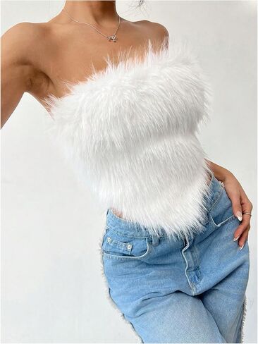 MakeMeChic Women's Fur Tops Concert Fuzzy Crop White Tube Tops Y2K Bandeau Snooki Outfit in Saudi Arabia