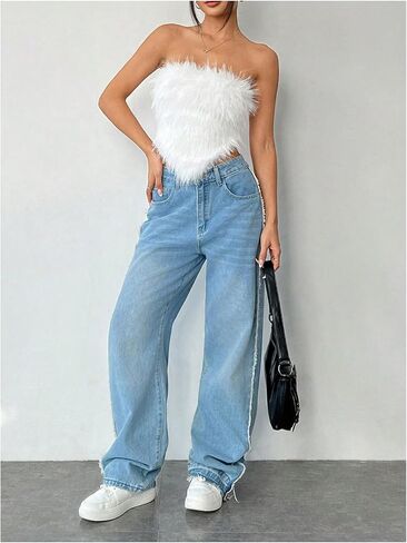 MakeMeChic Women's Fur Tops Concert Fuzzy Crop White Tube Tops Y2K Bandeau Snooki Outfit in Saudi Arabia