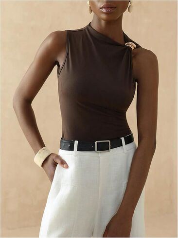 WDIRARA Women's Summer Going Out Tank Top Asymmetrical Neck Ring Sleeveless Slim Fitted Tops in Saudi Arabia