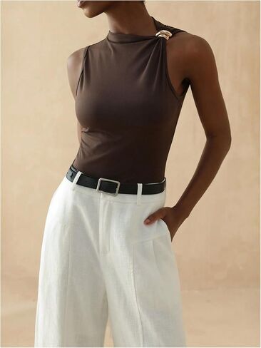 WDIRARA Women's Summer Going Out Tank Top Asymmetrical Neck Ring Sleeveless Slim Fitted Tops in Saudi Arabia