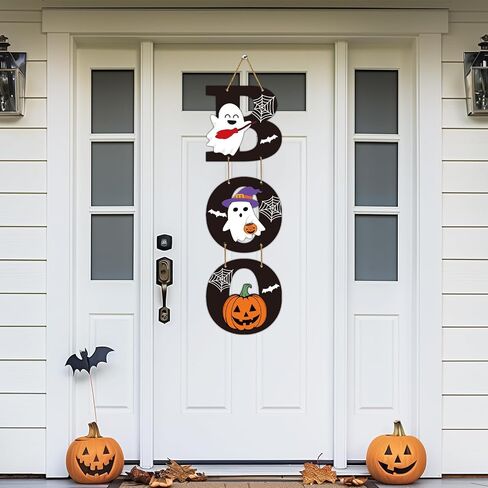 Halloween Door Decorations Halloween Wreath Cute Ghost Decor Pumpkin Boo Sign Bat Spider Web Wooden Front Door Hanger Ghost Pumpkin Hanging Sign Wreath for Wall Indoor Home Decor in Saudi Arabia