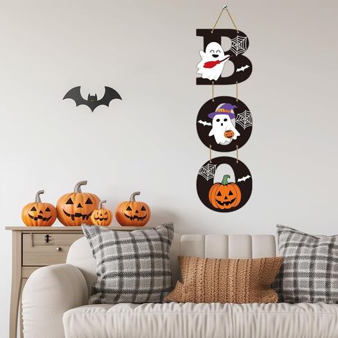 Halloween Door Decorations Halloween Wreath Cute Ghost Decor Pumpkin Boo Sign Bat Spider Web Wooden Front Door Hanger Ghost Pumpkin Hanging Sign Wreath for Wall Indoor Home Decor in Saudi Arabia