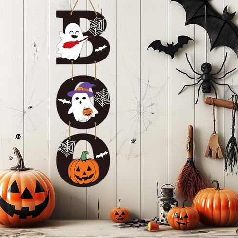 Halloween Door Decorations Halloween Wreath Cute Ghost Decor Pumpkin Boo Sign Bat Spider Web Wooden Front Door Hanger Ghost Pumpkin Hanging Sign Wreath for Wall Indoor Home Decor in Saudi Arabia