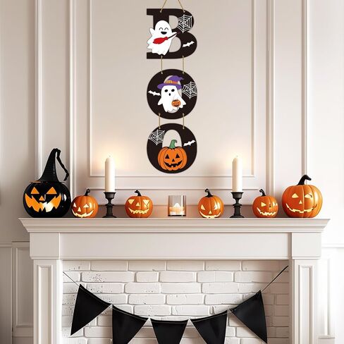 Halloween Door Decorations Halloween Wreath Cute Ghost Decor Pumpkin Boo Sign Bat Spider Web Wooden Front Door Hanger Ghost Pumpkin Hanging Sign Wreath for Wall Indoor Home Decor in Saudi Arabia
