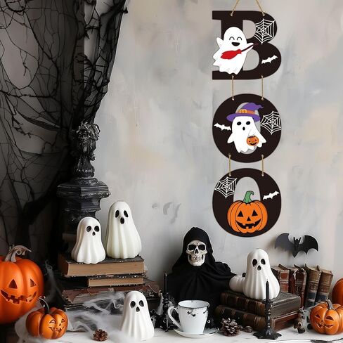 Halloween Door Decorations Halloween Wreath Cute Ghost Decor Pumpkin Boo Sign Bat Spider Web Wooden Front Door Hanger Ghost Pumpkin Hanging Sign Wreath for Wall Indoor Home Decor in Saudi Arabia