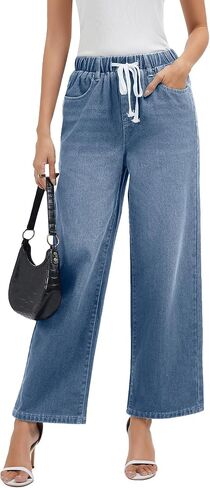Jeans for Women Wide Leg High Waisted Baggy Jeans Stretchy Straight Leg Drawstring Loose Denim Pants in Saudi Arabia