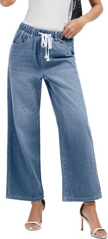 Jeans for Women Wide Leg High Waisted Baggy Jeans Stretchy Straight Leg Drawstring Loose Denim Pants in Saudi Arabia