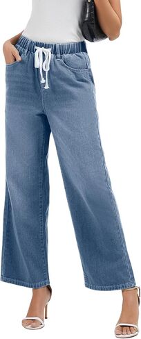 Jeans for Women Wide Leg High Waisted Baggy Jeans Stretchy Straight Leg Drawstring Loose Denim Pants in Saudi Arabia