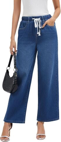 Jeans for Women Wide Leg High Waisted Baggy Jeans Stretchy Straight Leg Drawstring Loose Denim Pants in Saudi Arabia