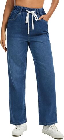 Jeans for Women Wide Leg High Waisted Baggy Jeans Stretchy Straight Leg Drawstring Loose Denim Pants in Saudi Arabia