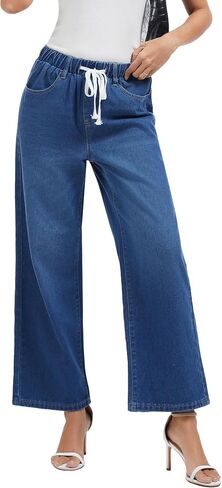 Jeans for Women Wide Leg High Waisted Baggy Jeans Stretchy Straight Leg Drawstring Loose Denim Pants in Saudi Arabia