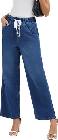 Jeans for Women Wide Leg High Waisted Baggy Jeans Stretchy Straight Leg Drawstring Loose Denim Pants in Saudi Arabia