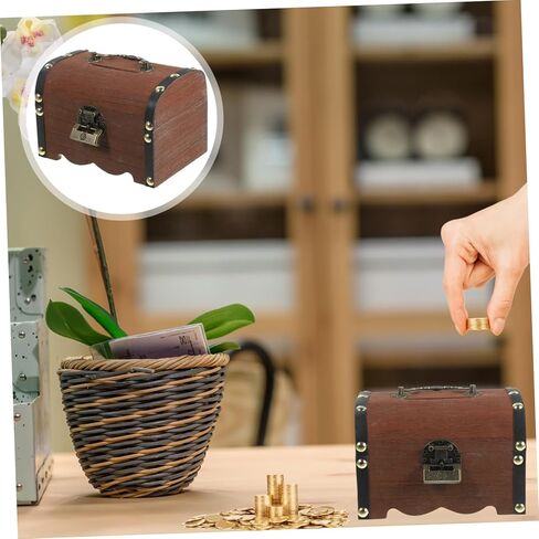 LIFKOME Vintage Wooden Treasure Chest Piggy Bank Lid Retro Coin Saving Jar for Boys and Girls Decorative Storage Box for Toys and Trinkets Antique Style Money Jar in Saudi Arabia