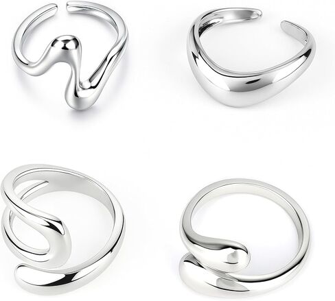 4pcs Chunky Silver Rings Set for Women, Alloy Adjustable Bold Stackable Statement Bands Trendy Wide Irregular Finger Rings for Fashion & Aesthetic Jewelry in Saudi Arabia