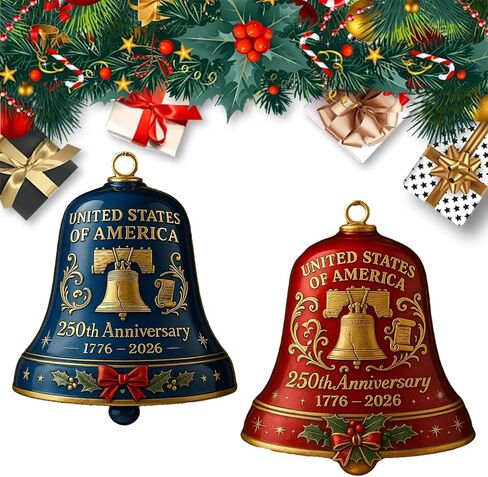 USA 250th Anniversary Bell Ornament - Red & Gold 2D Acrylic Commemorative Hanging Decor with Enamel Detailing, for Christmas Tree, Patriotic Holidays, and Collectors Gift (2pcs Red + Blue) in Saudi Arabia