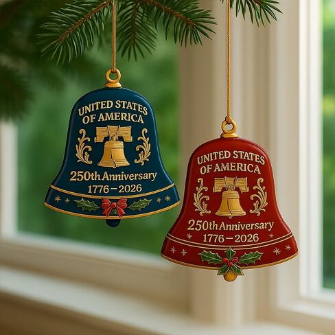 USA 250th Anniversary Bell Ornament - Red & Gold 2D Acrylic Commemorative Hanging Decor with Enamel Detailing, for Christmas Tree, Patriotic Holidays, and Collectors Gift (2pcs Red + Blue) in Saudi Arabia